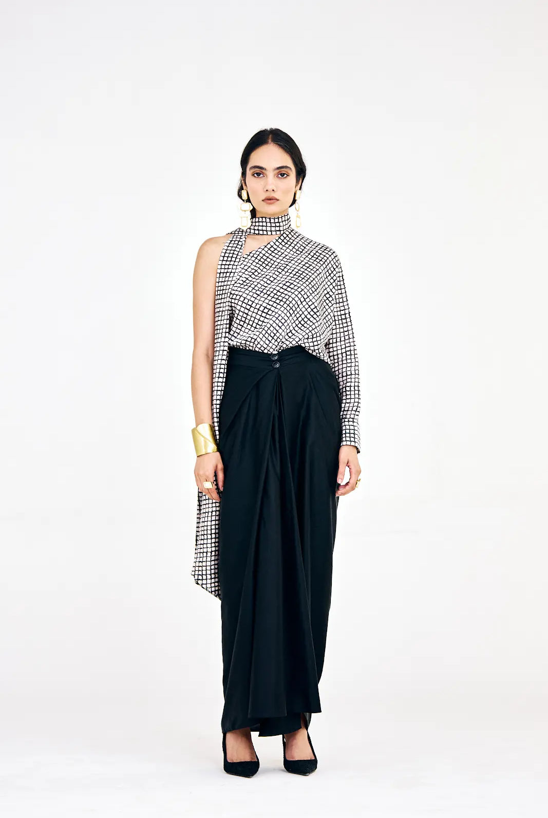 Front view of black and white co-ord set with necktie detail