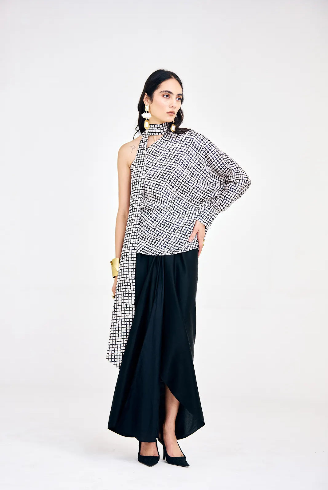 Cotton satin co-ord set featuring asymmetrical top and relaxed-fit skirt