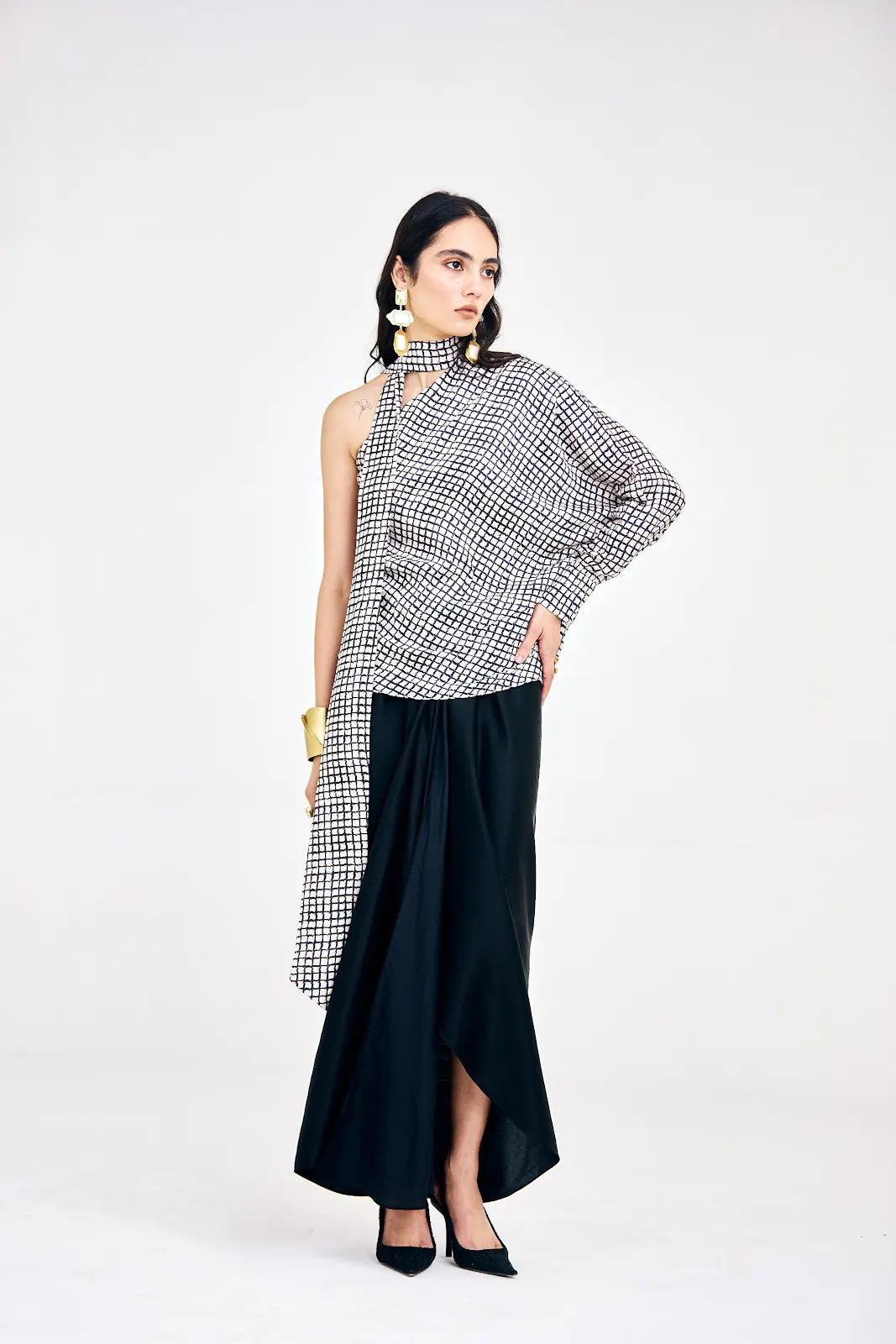 Cotton satin co-ord set featuring asymmetrical top and relaxed-fit skirt