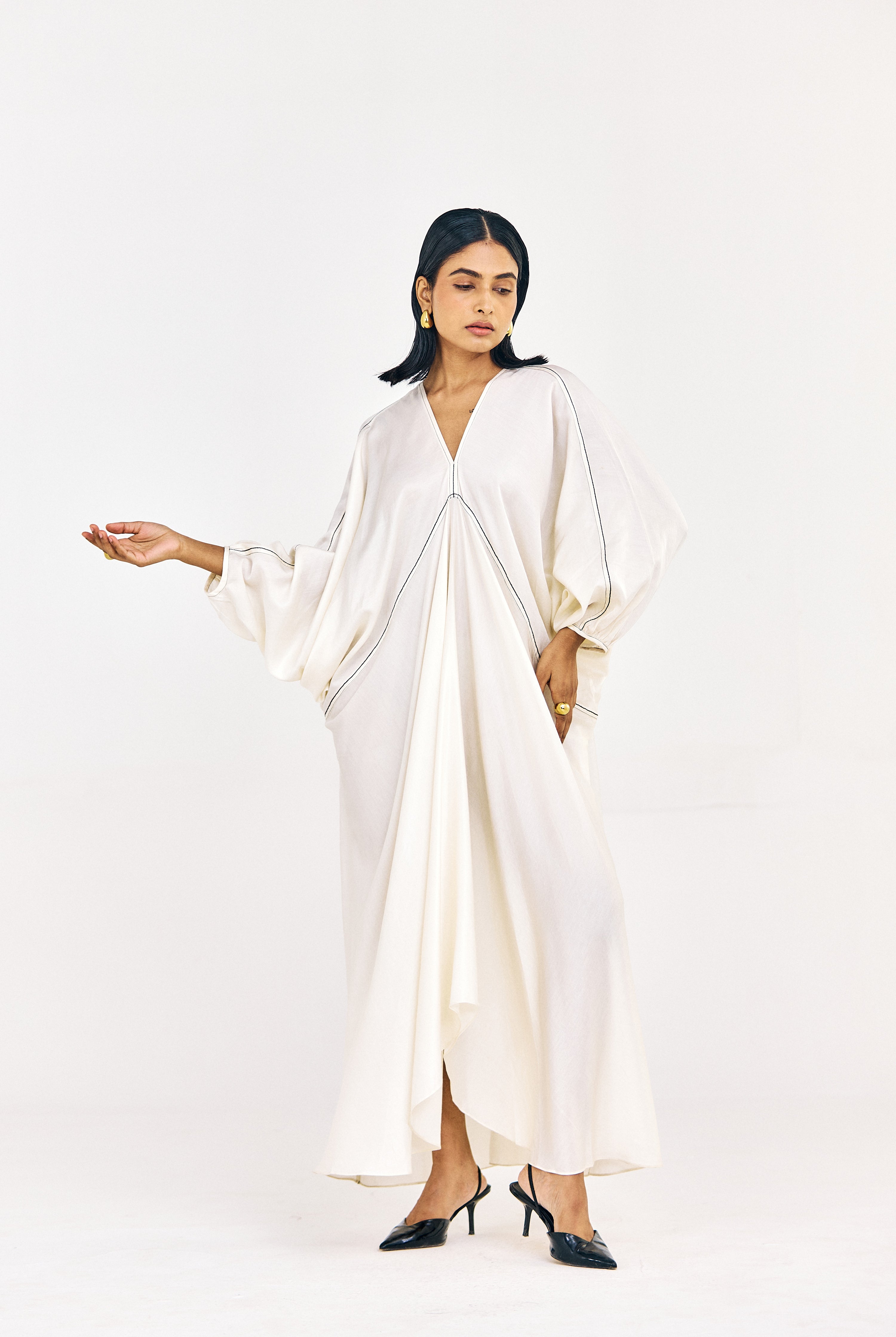 Striped kaftan-style top in cotton satin with fluid drape