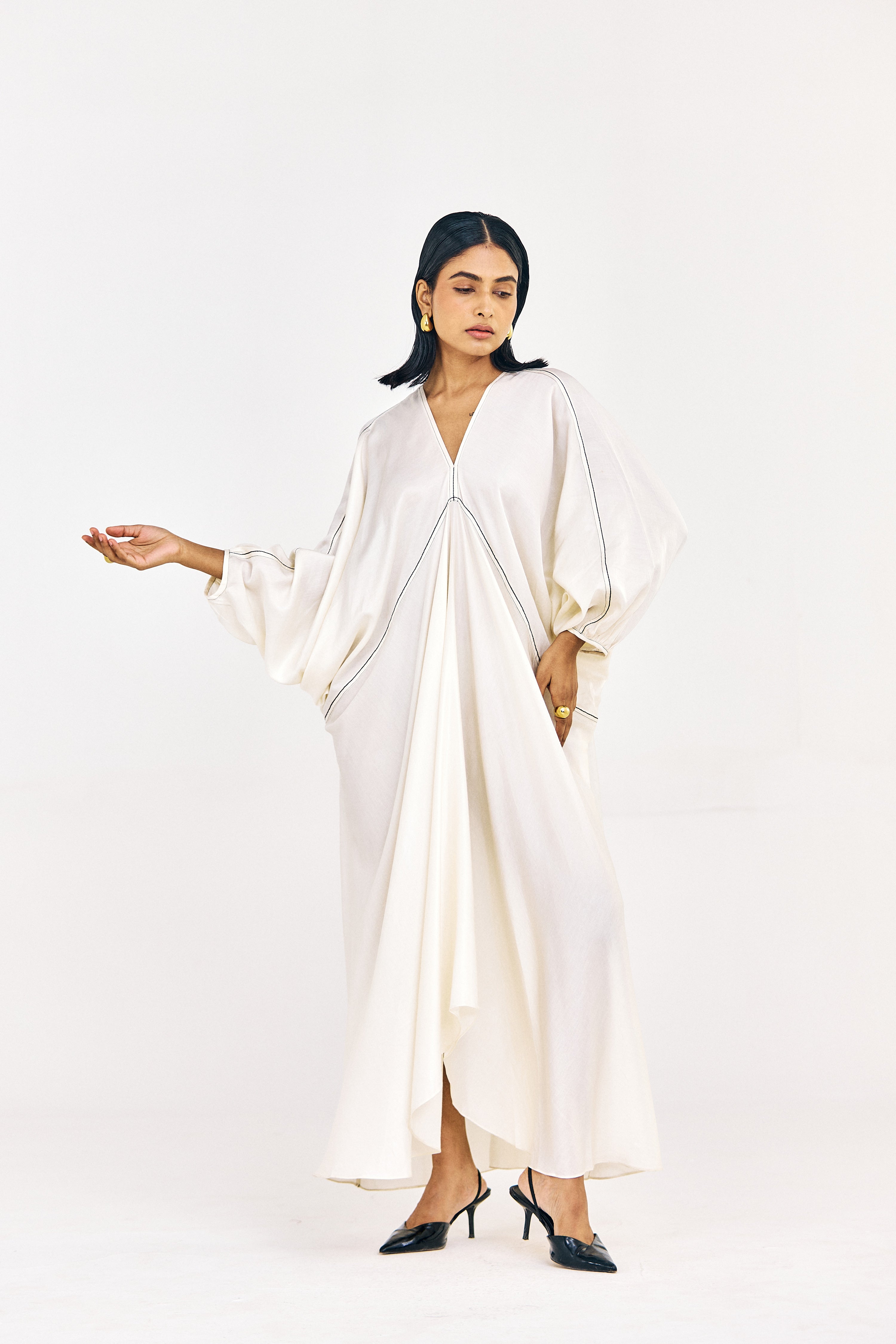 Striped kaftan-style top in cotton satin with fluid drape