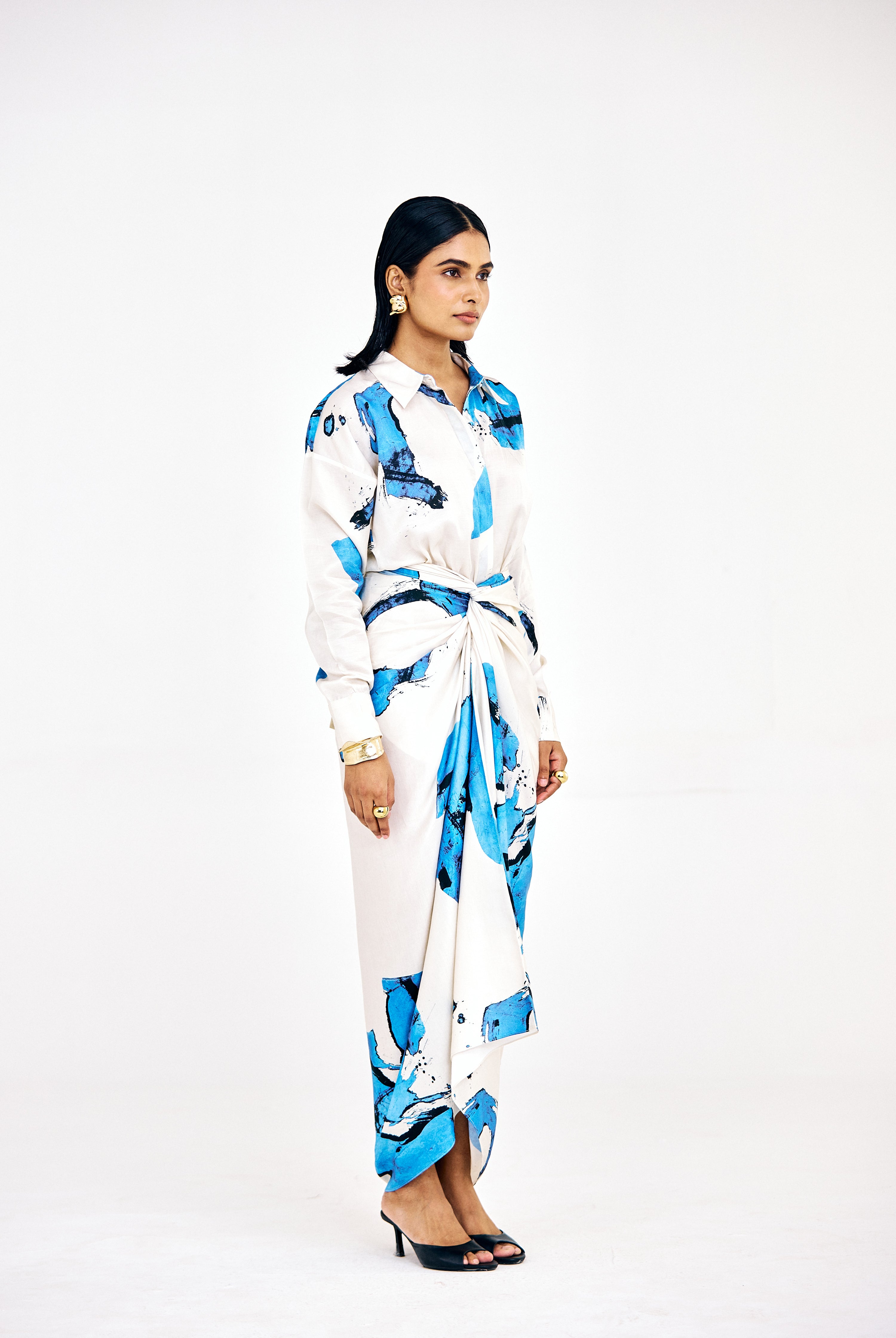Designer Raina blue co-ord set with tie-up sarong skirt