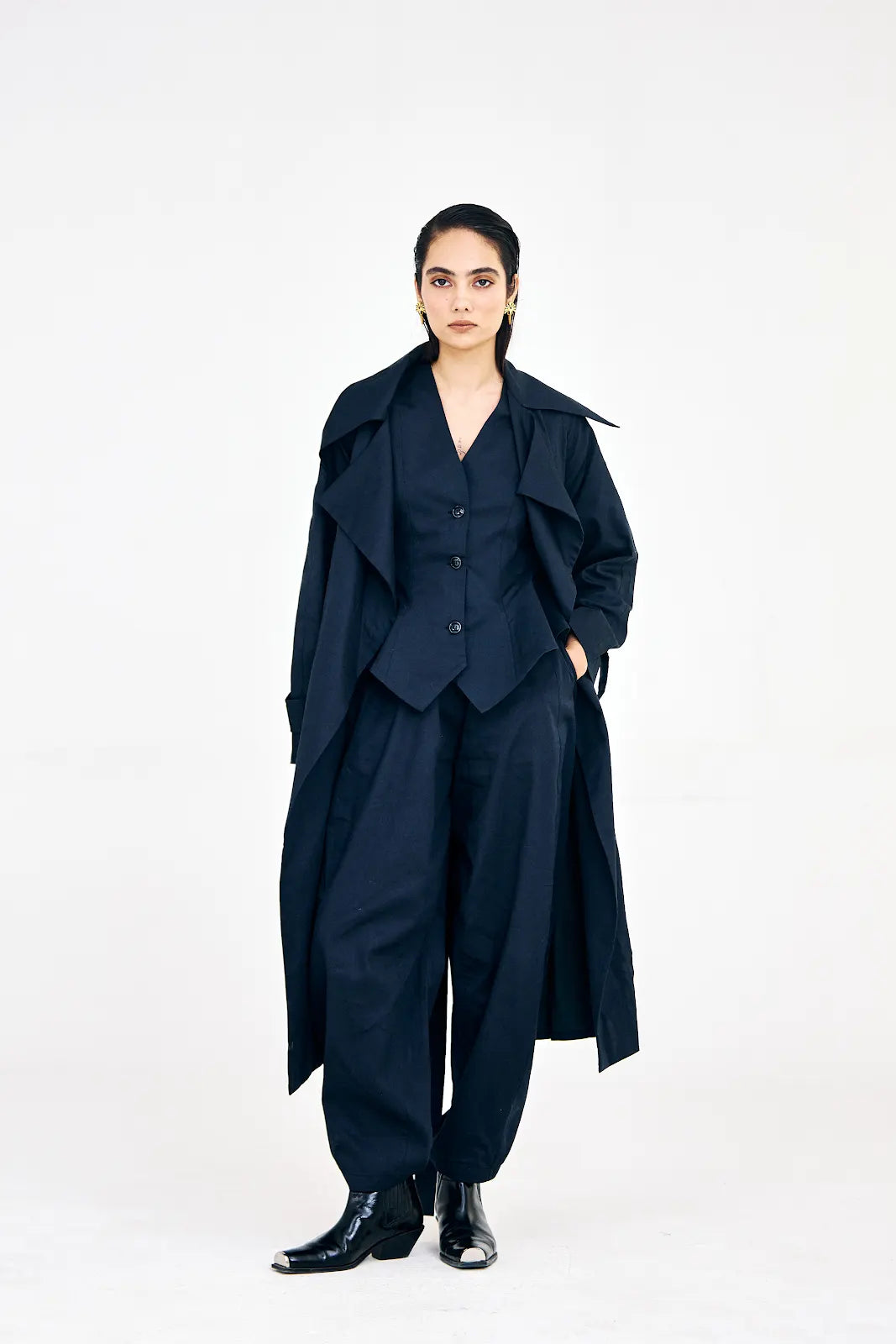 Navy blue cotton twill three-piece set with trench coat, waistcoat, and barrel pants