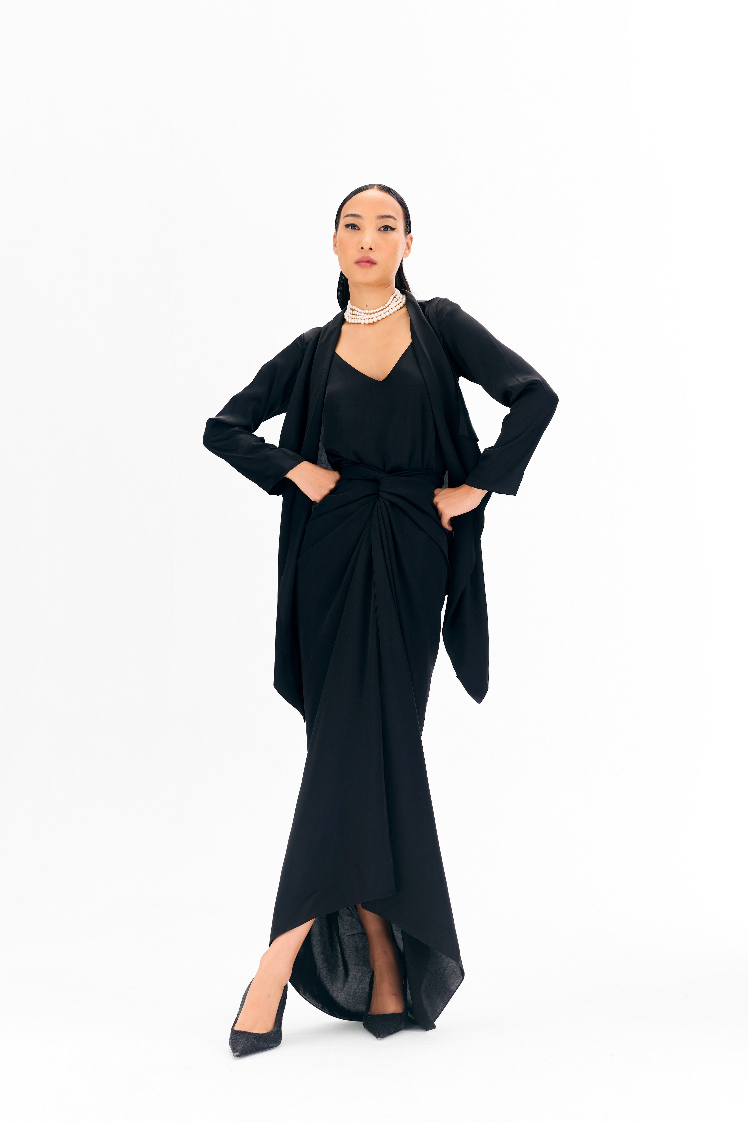Front view of Nouria tie-up dress with Eka jacket layered look