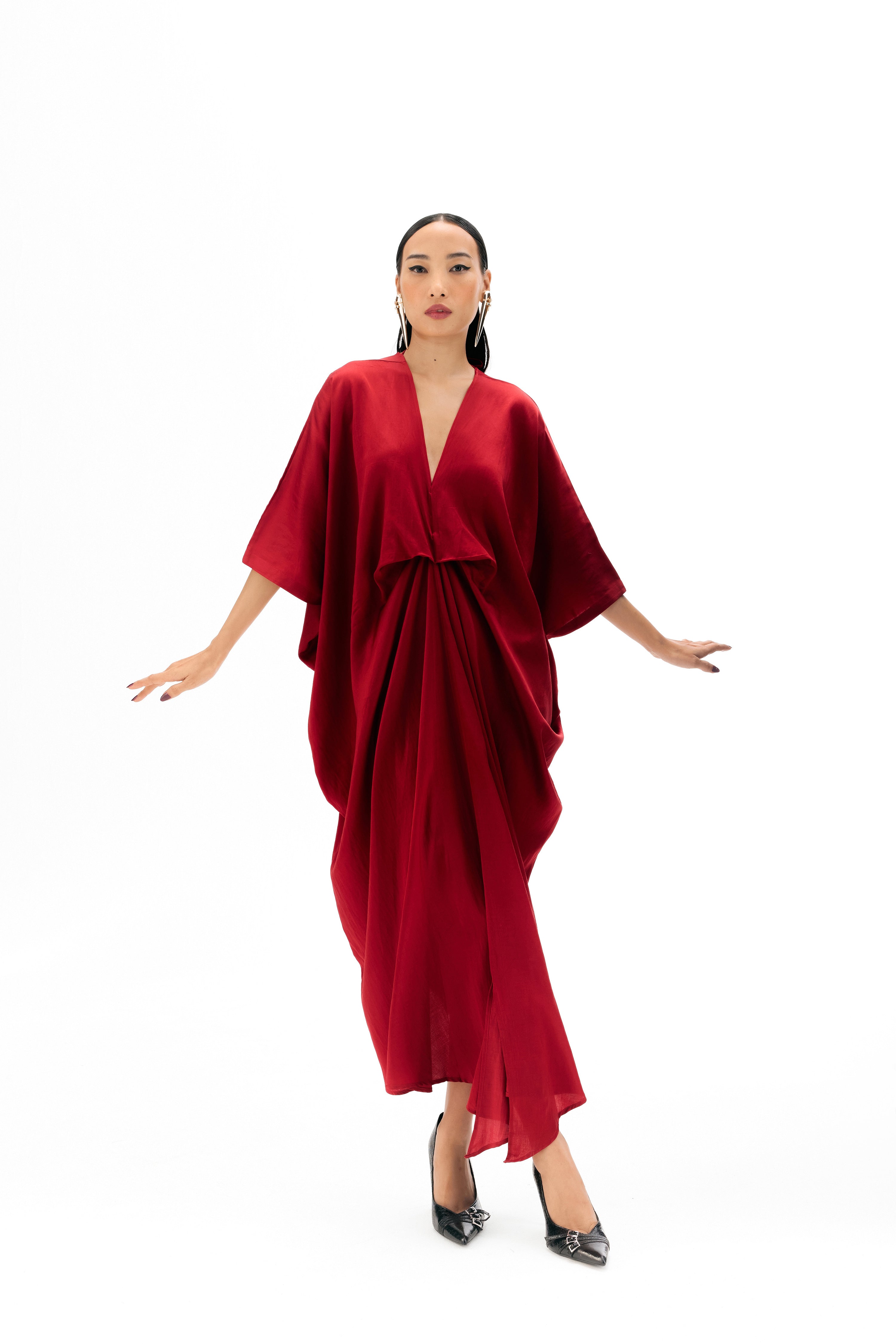 Fluid cotton modal satin kaftan with relaxed, elegant drape
