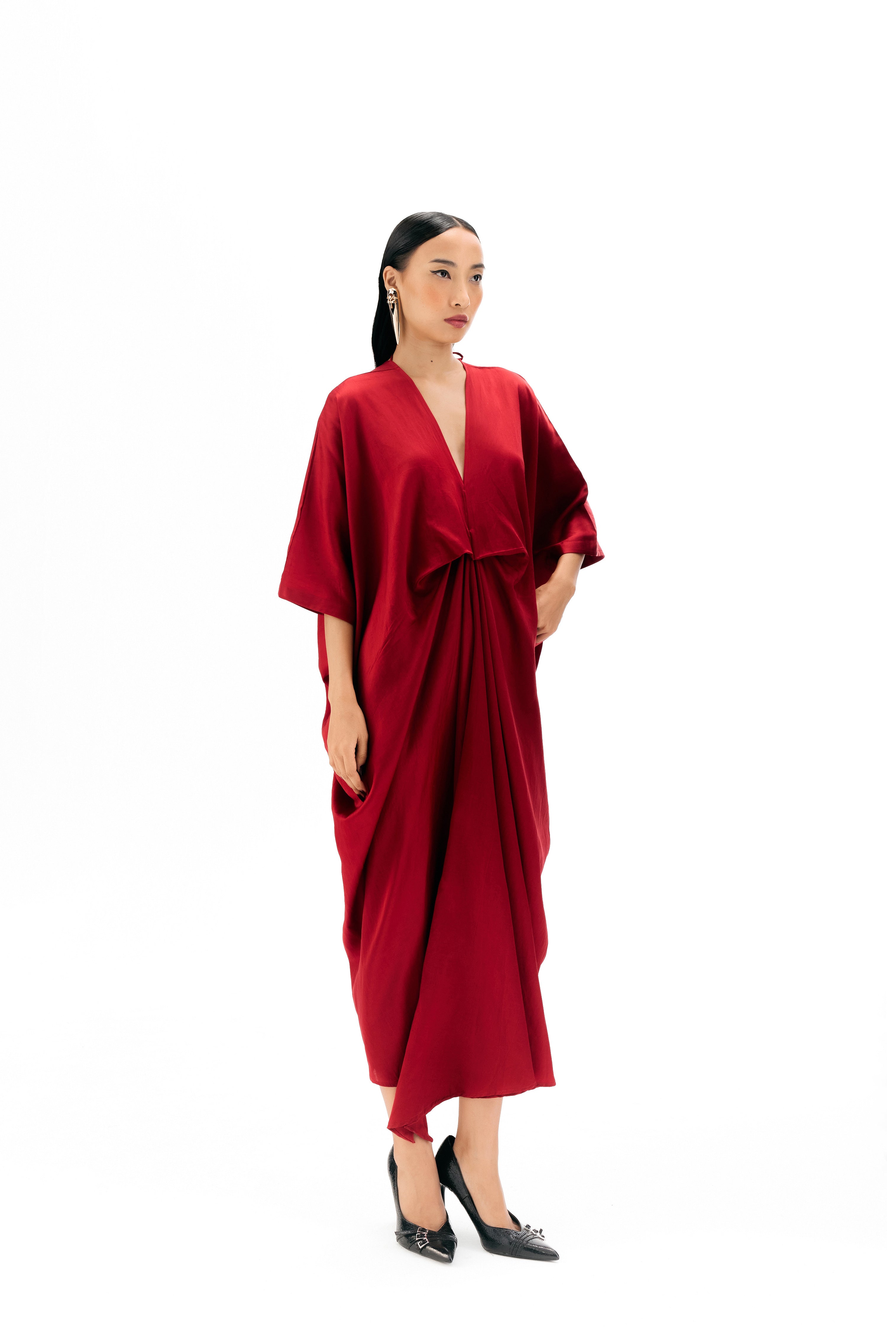 Relaxed-fit cotton modal satin kaftan with flowing silhouette