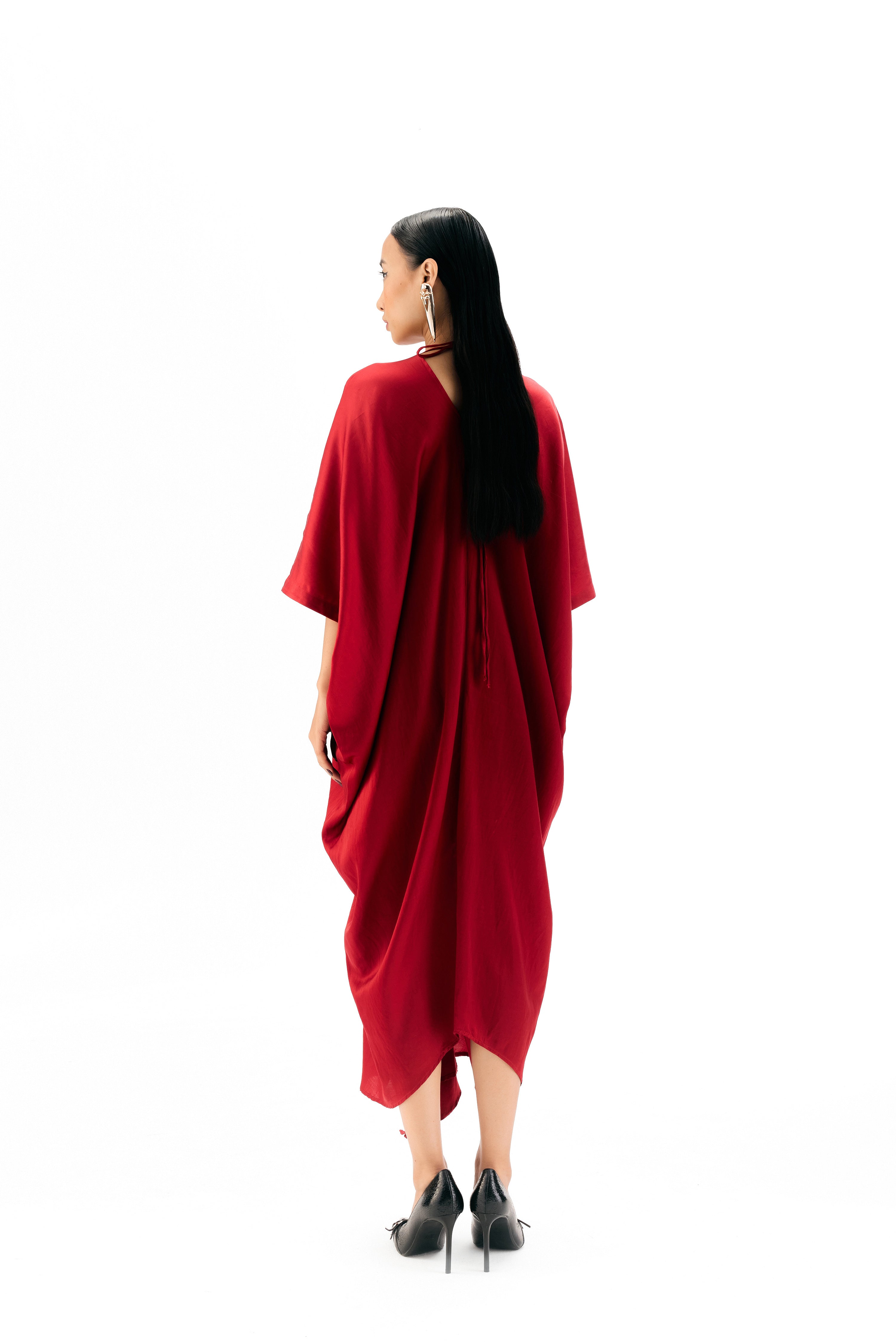 Front view of long kaftan with soft, graceful fall