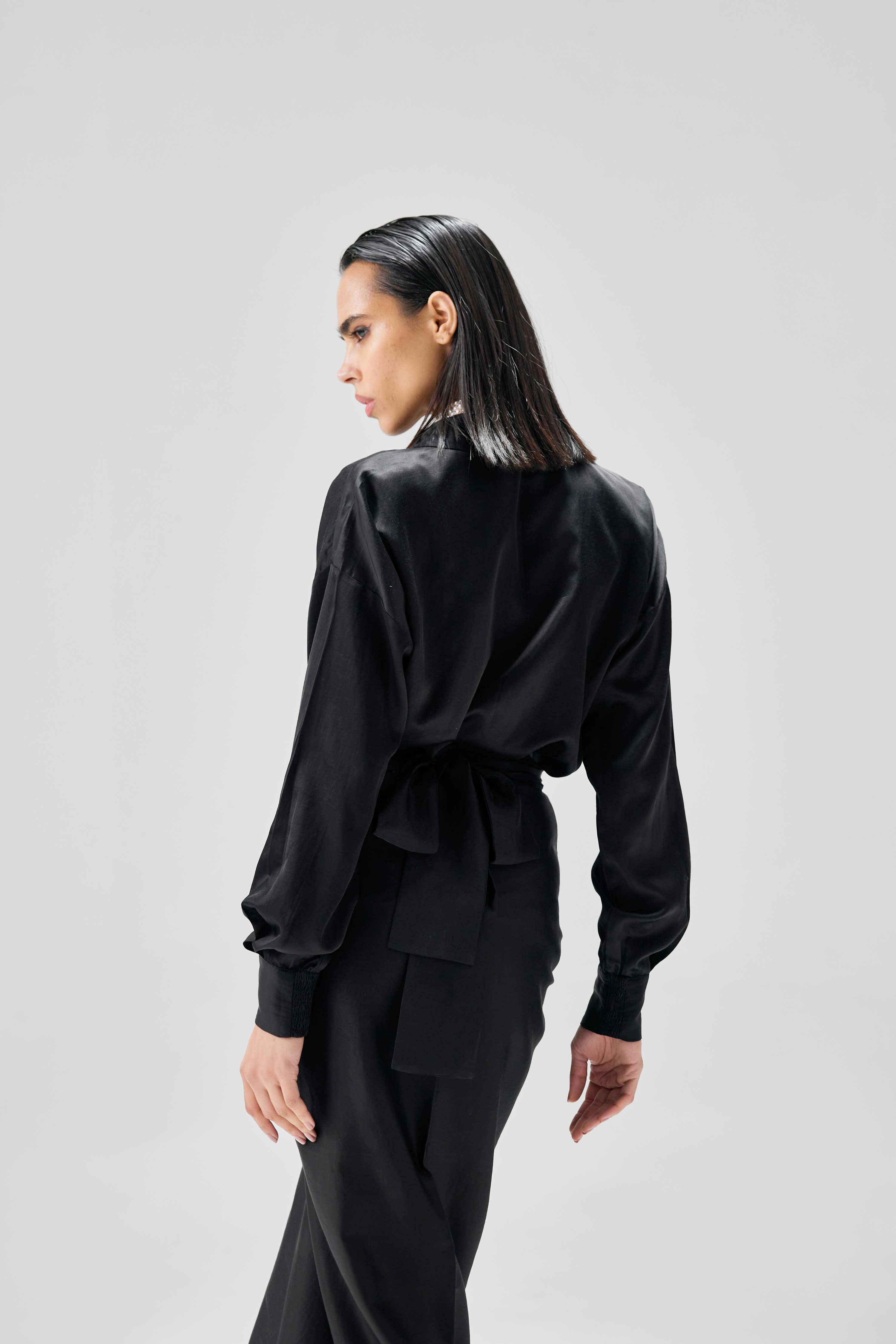 Front view of Nouria shirt and sarong skirt co-ord outfit