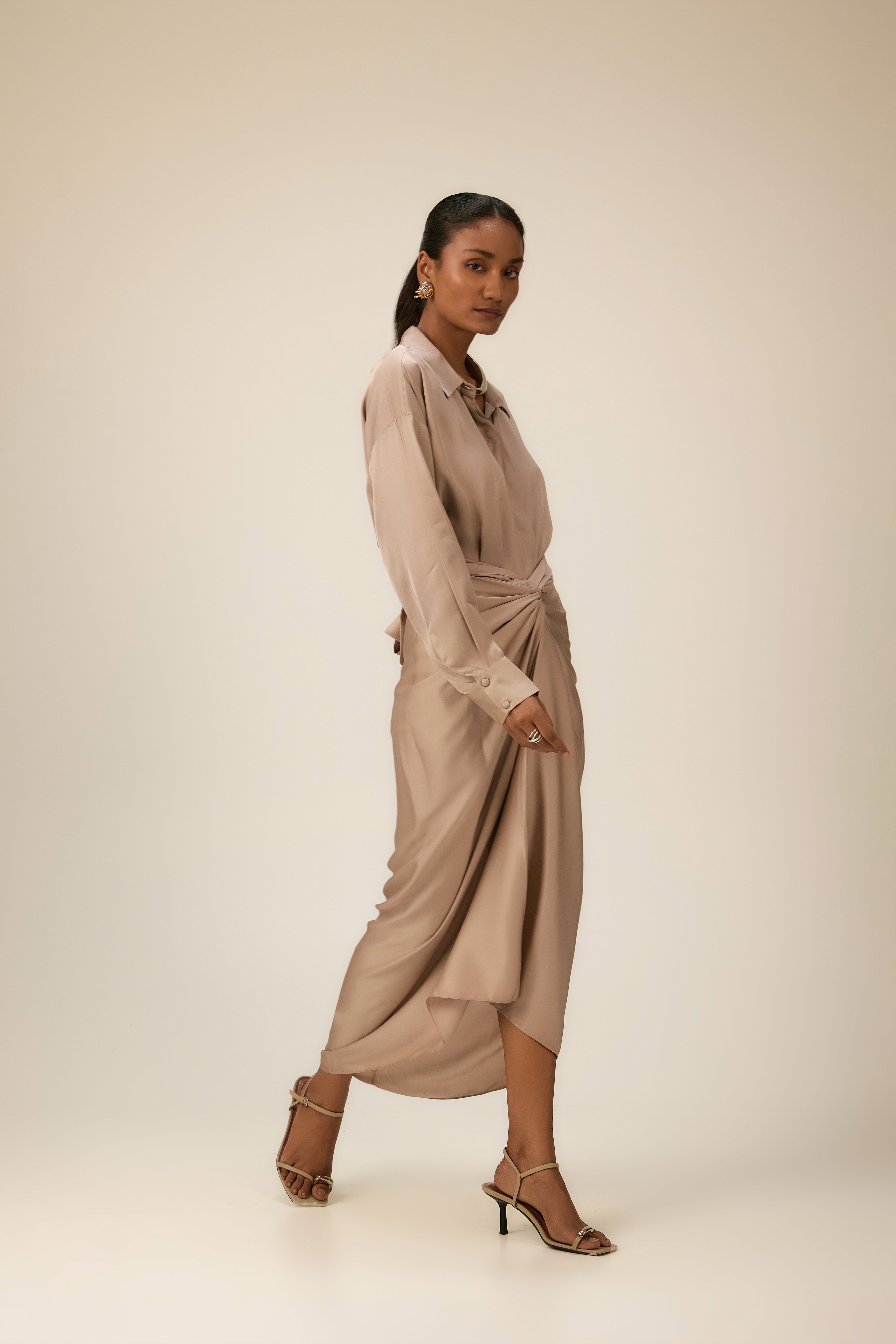 Women’s must-have co-ord set with shirt and draped sarong skirt