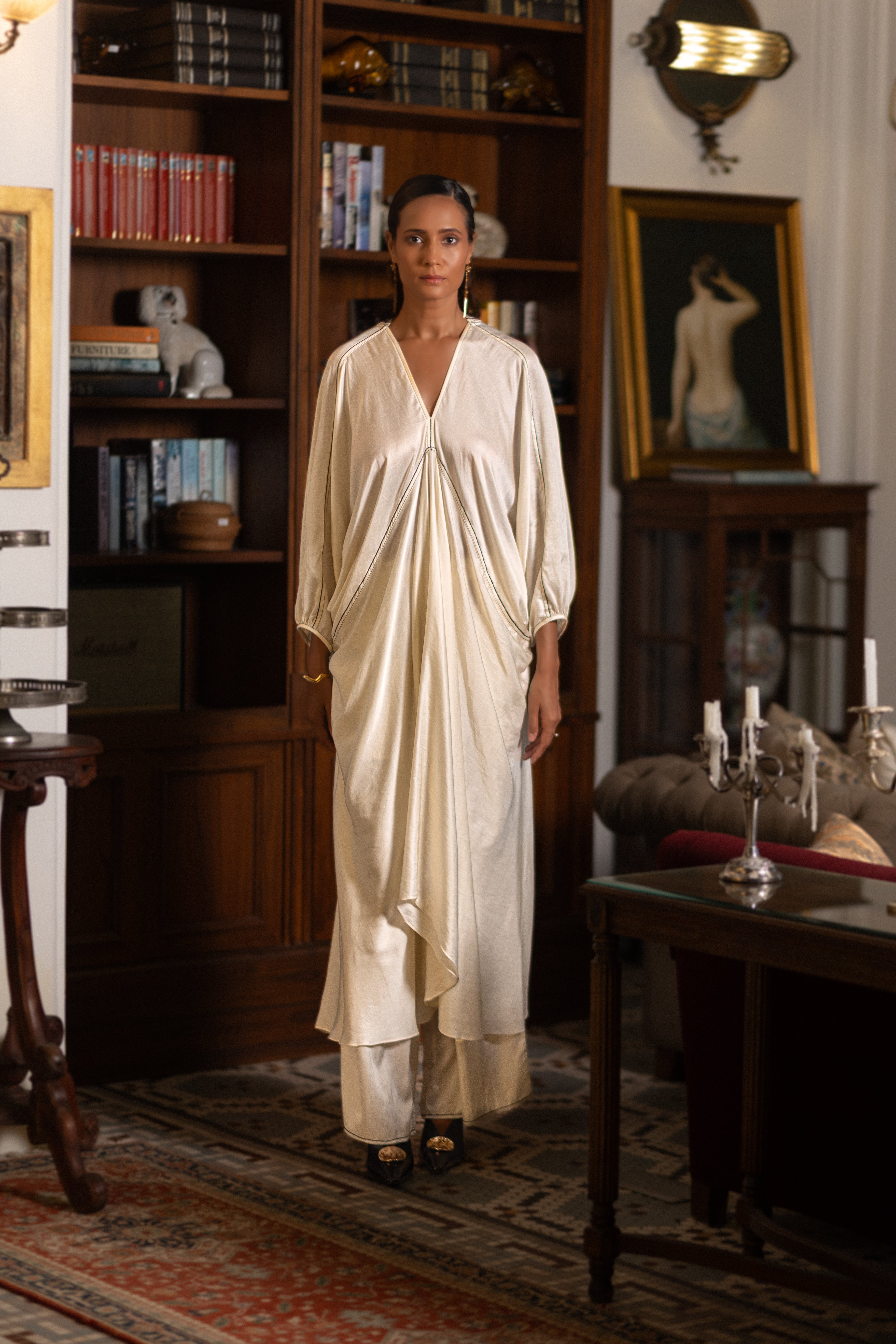 Minimal cotton satin kaftan-style top with modern stripe pattern