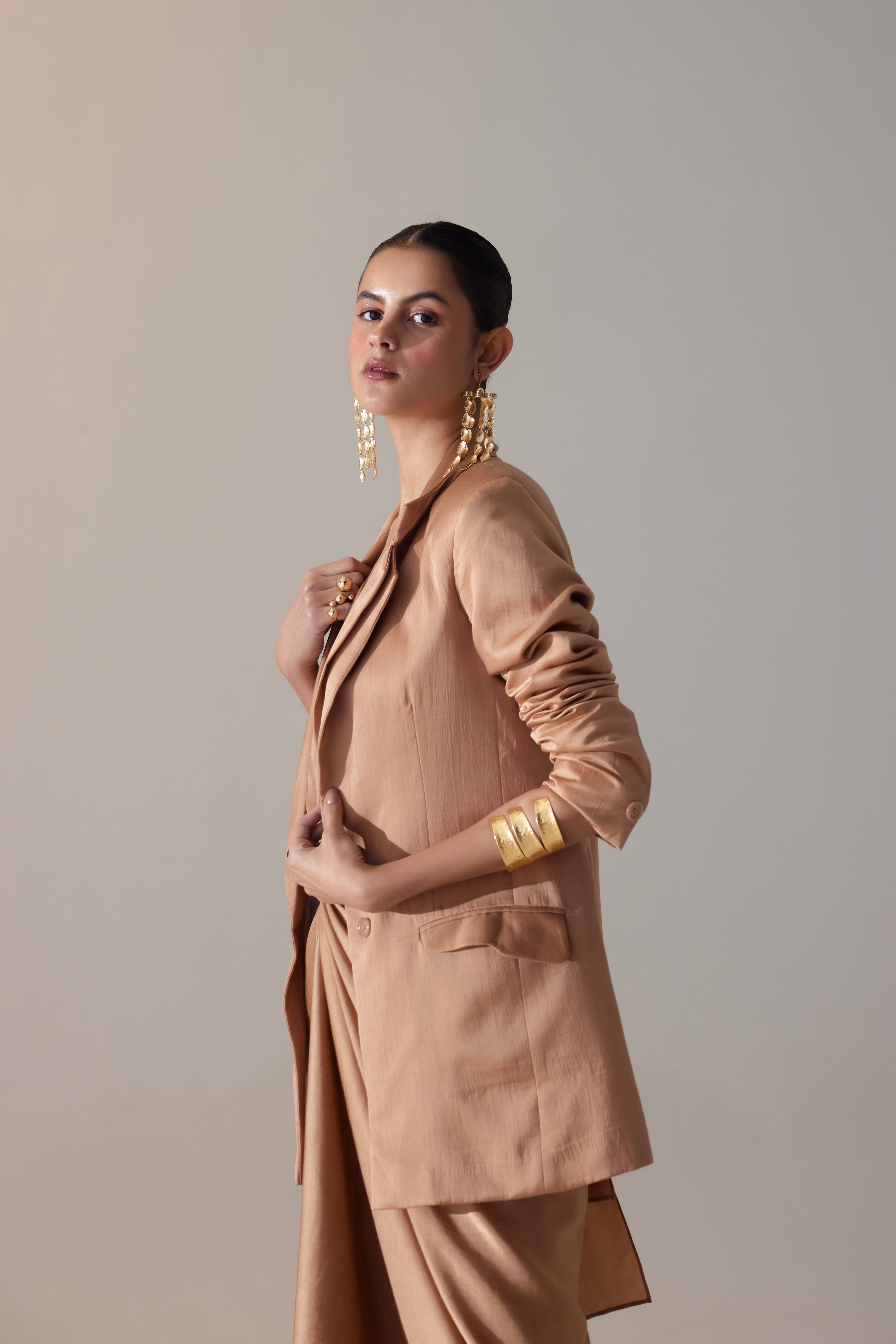 Elegant modal satin outfit with naturally varied print detailing