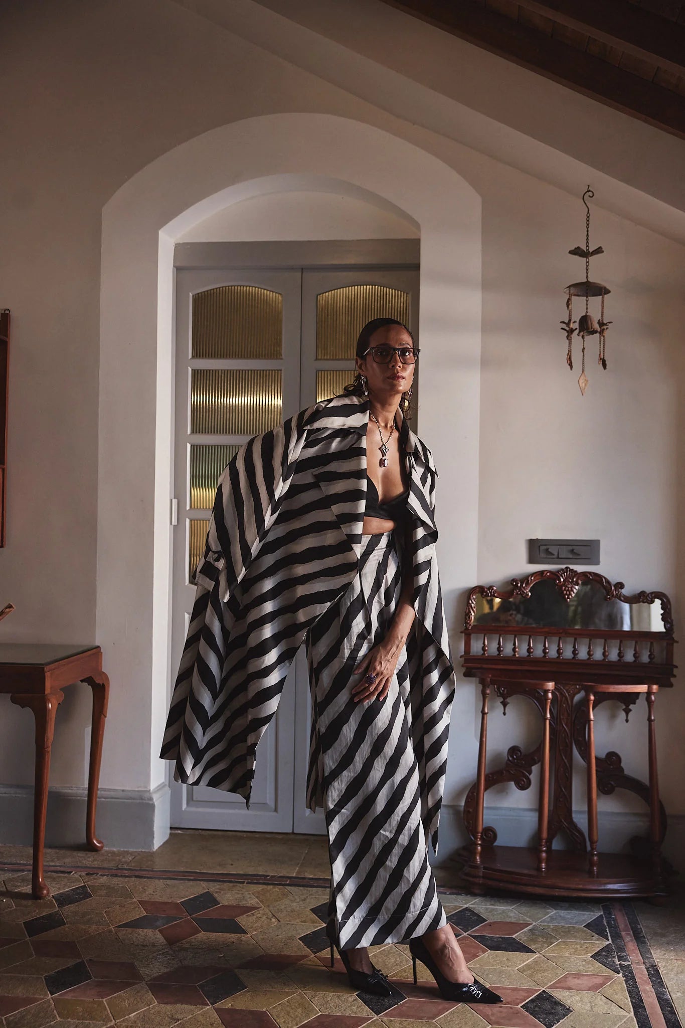 Model wearing size S cotton satin jacket and pants set