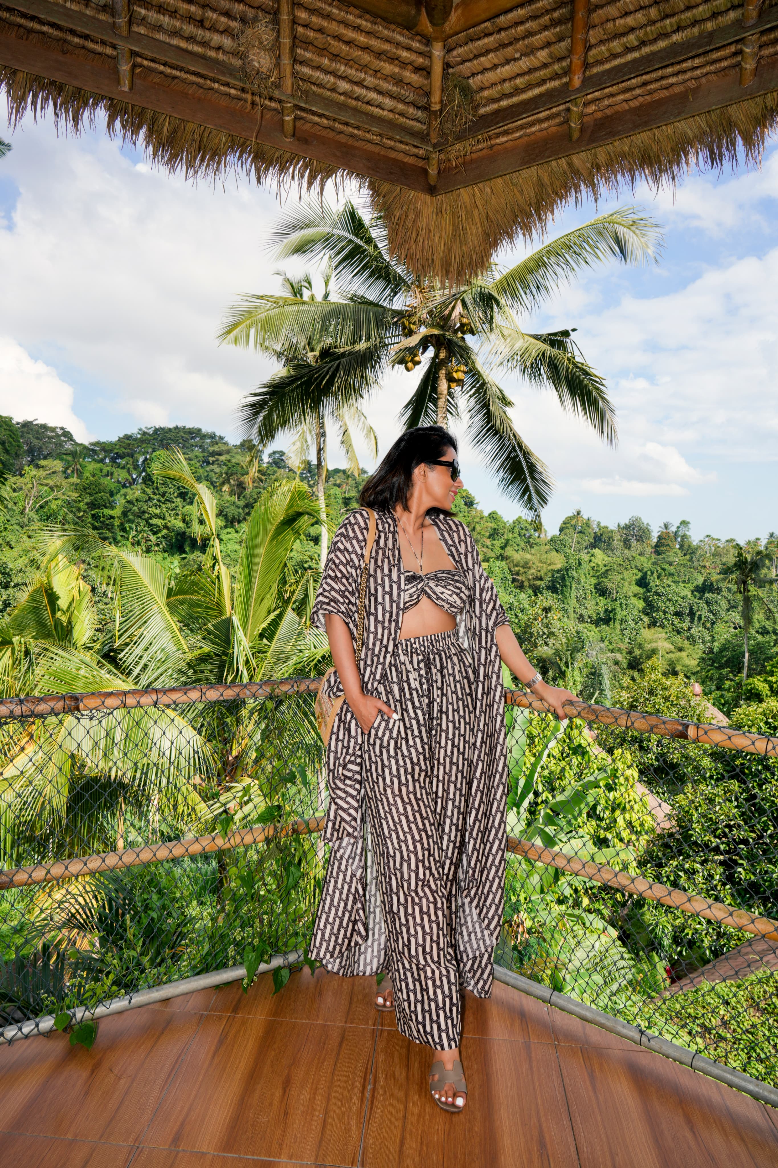 Front view of geometric print three-piece summer outfit