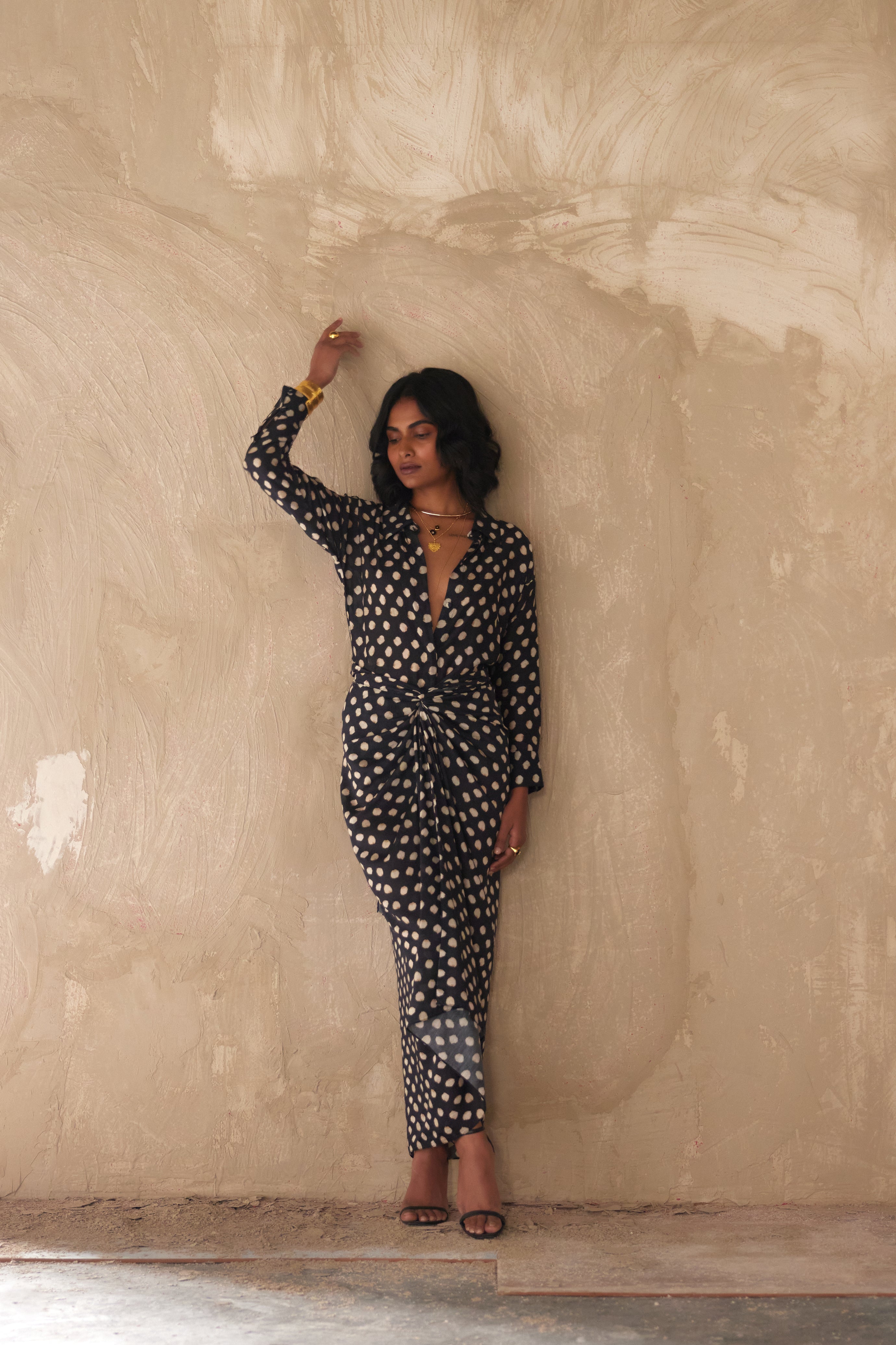 Elegant cotton silk dress with adjustable sarong silhouette