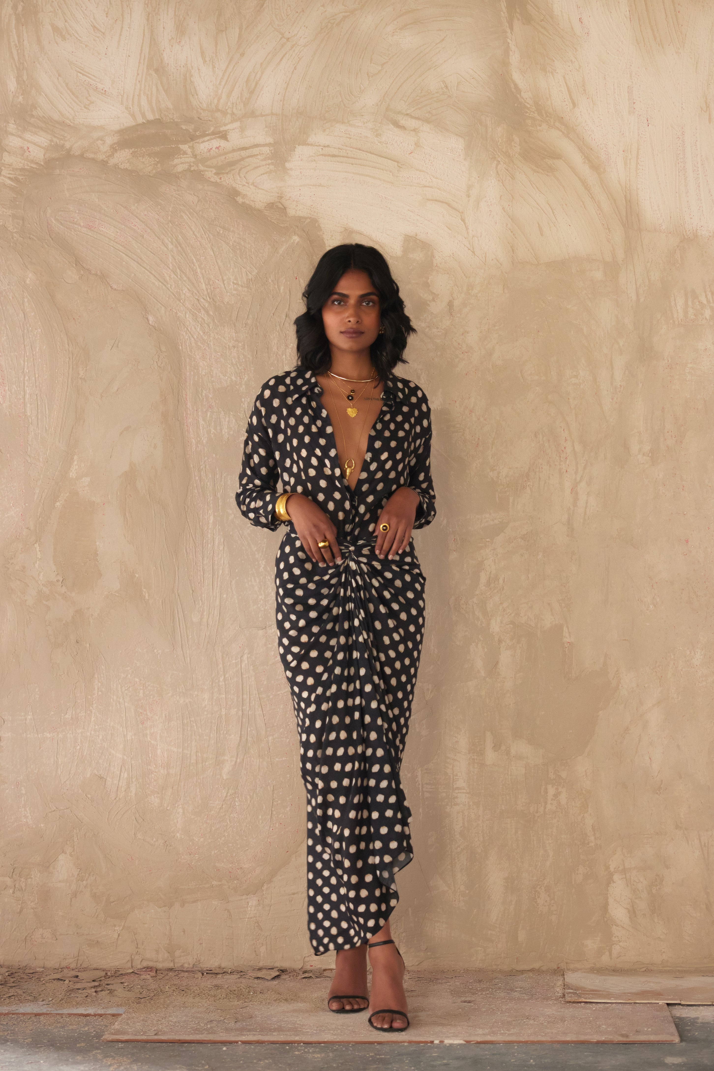 Model wearing small size Nouria cotton silk tie-up dress