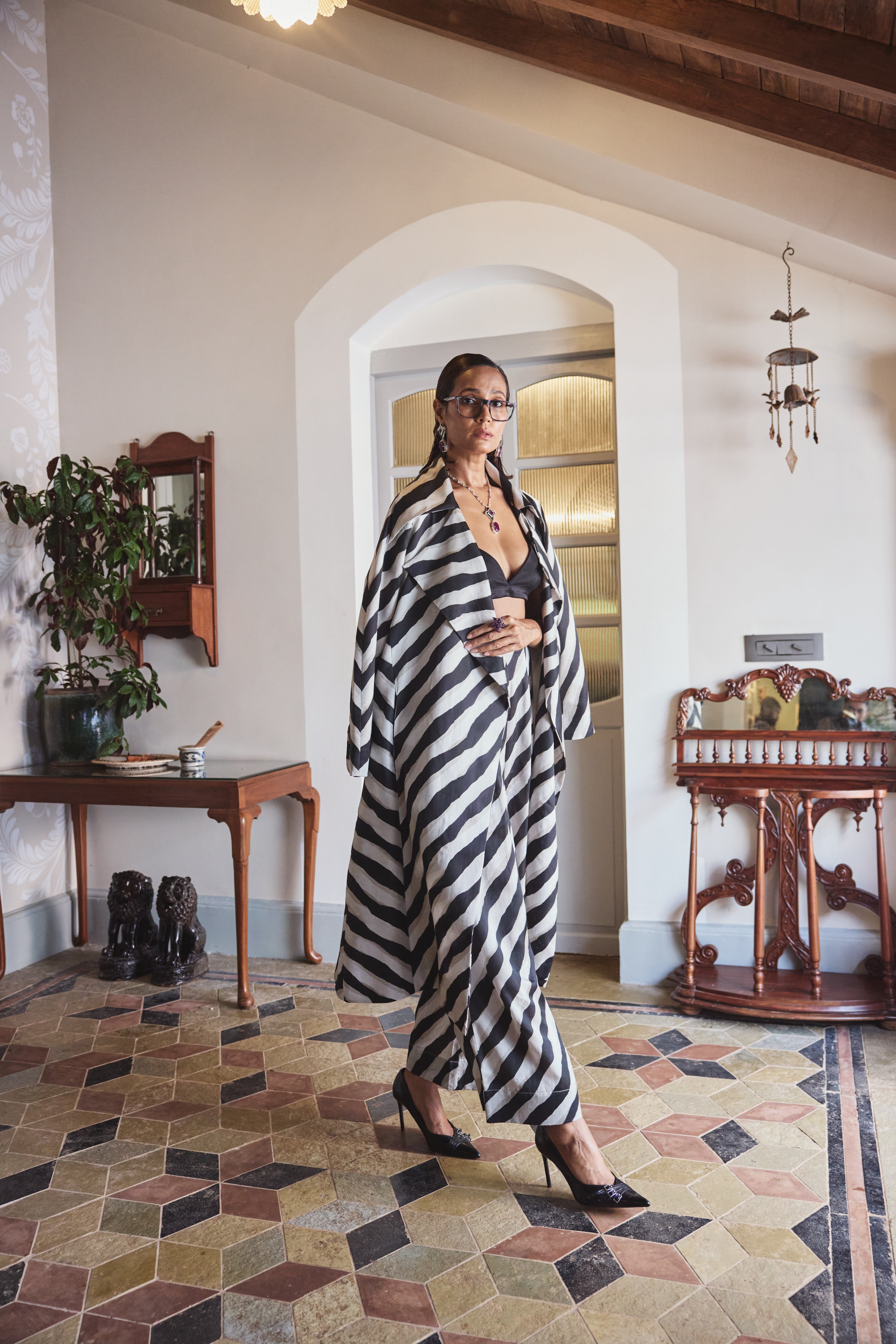 Modern cotton satin outfit blending classic structure and elegance