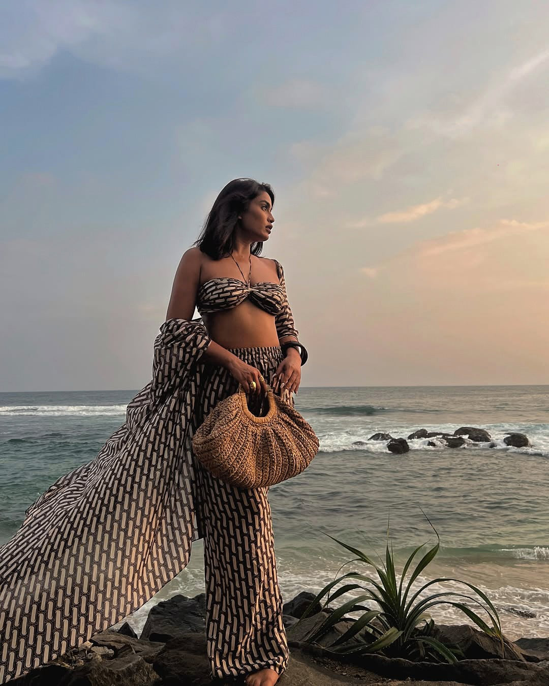 Model wearing XS three-piece cotton silk summer set