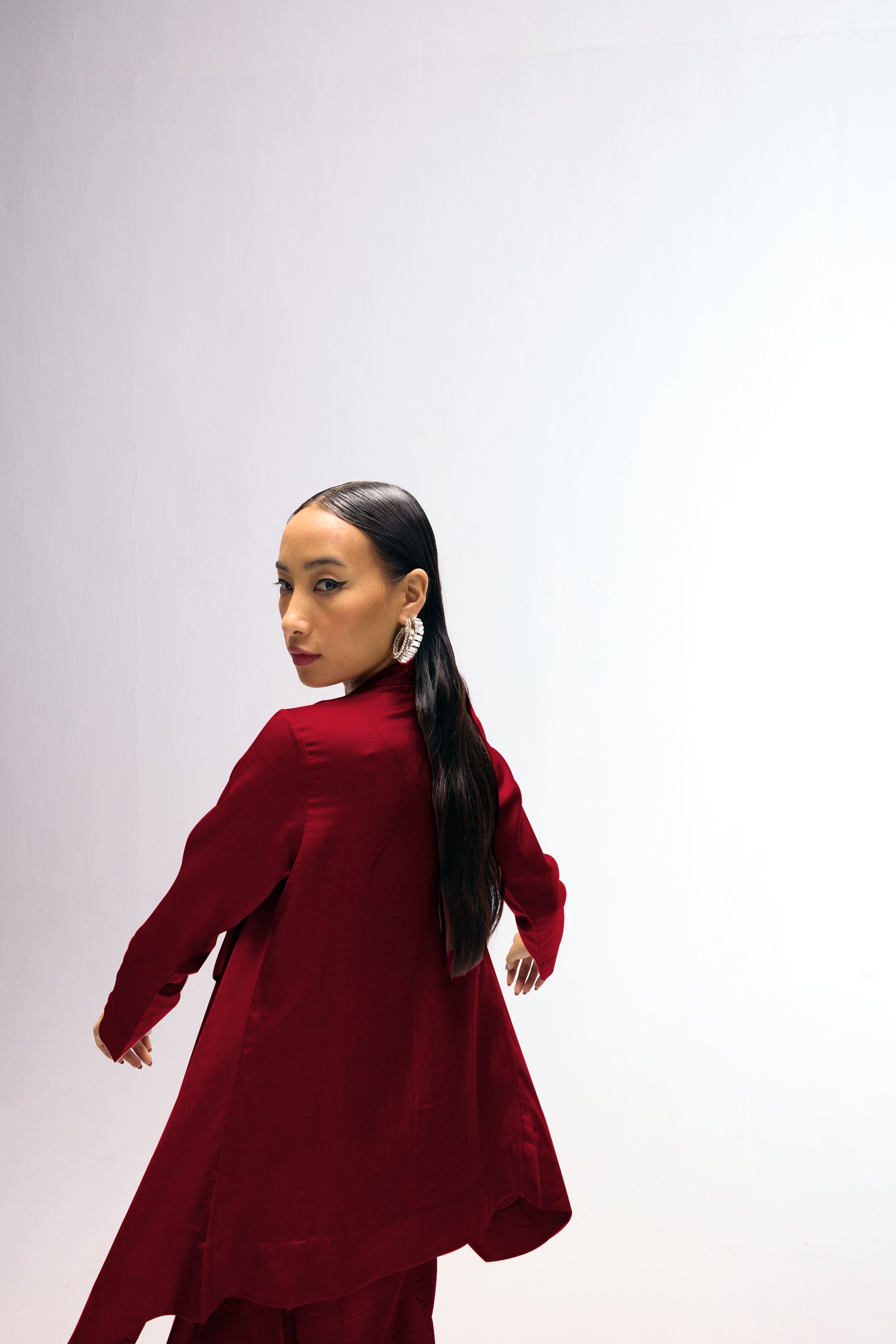 Front view of tie-up dress with Eka jacket layered for special occasions