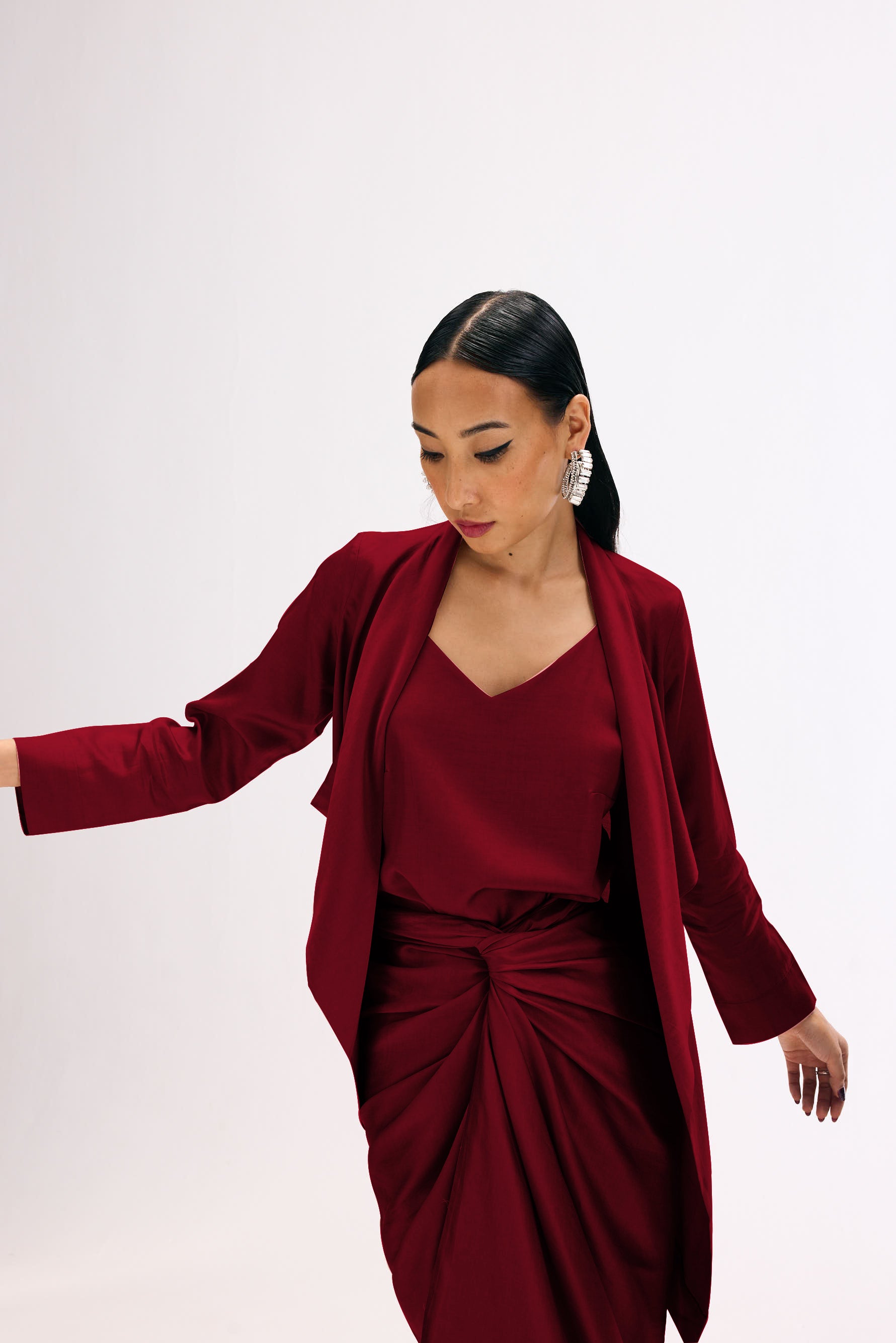 Cotton modal satin co-ord set featuring tie-up dress and waterfall jacket
