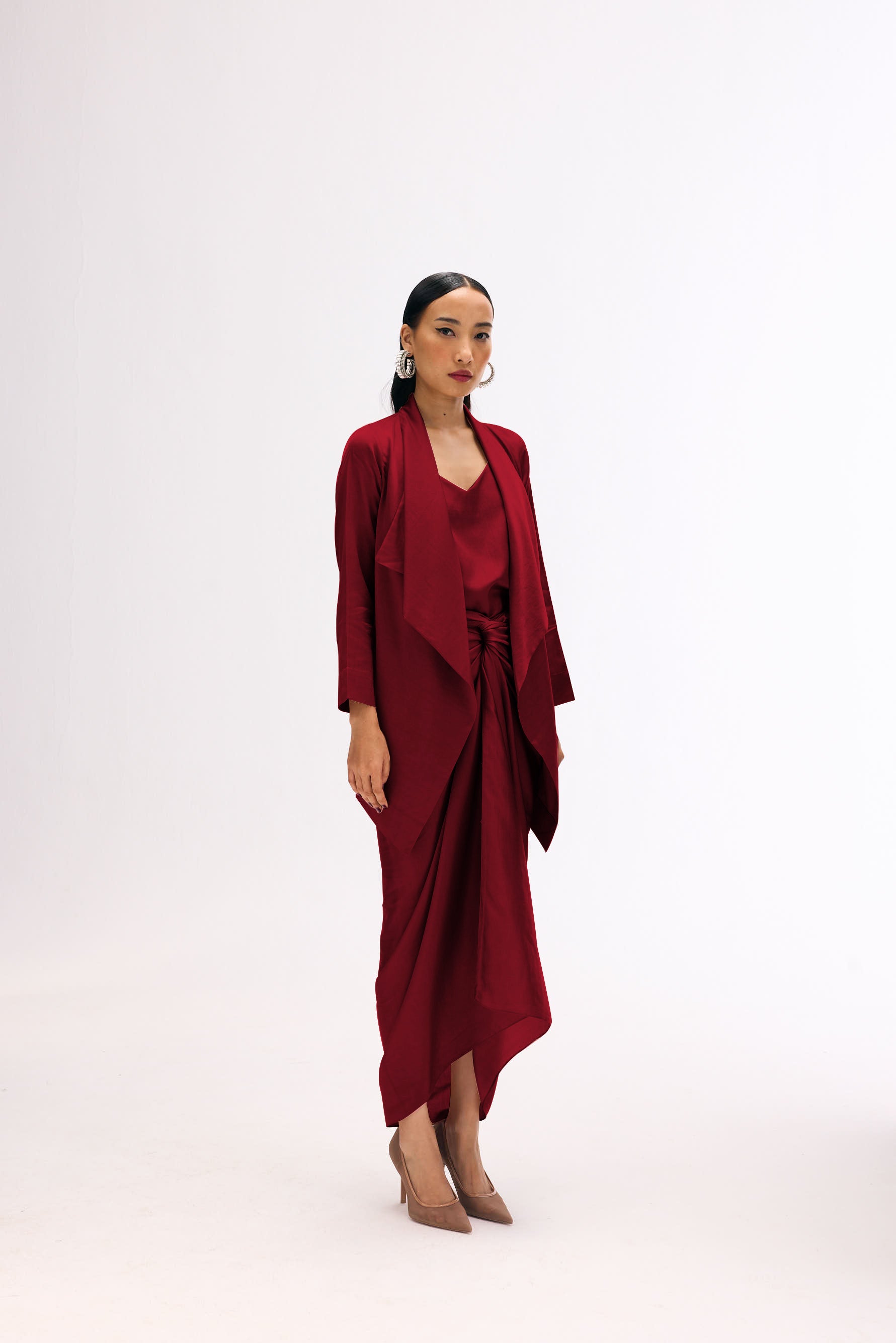 Women’s versatile sarong-style dress paired with matching short jacket