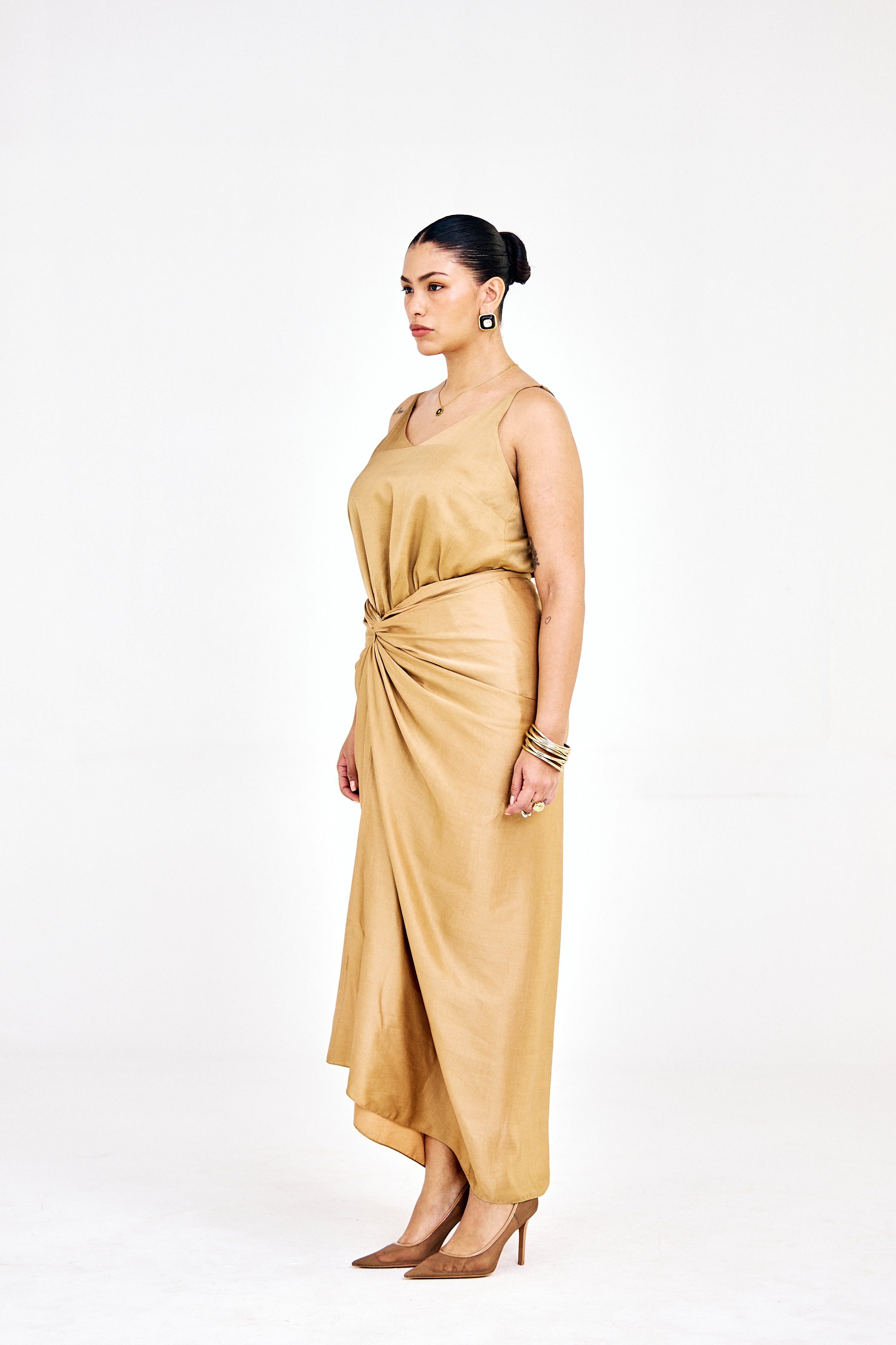 Model wearing small size Nouria cotton modal satin tie-up dress