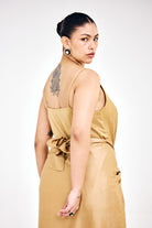 Long cotton modal satin dress with attached wrap skirt detail