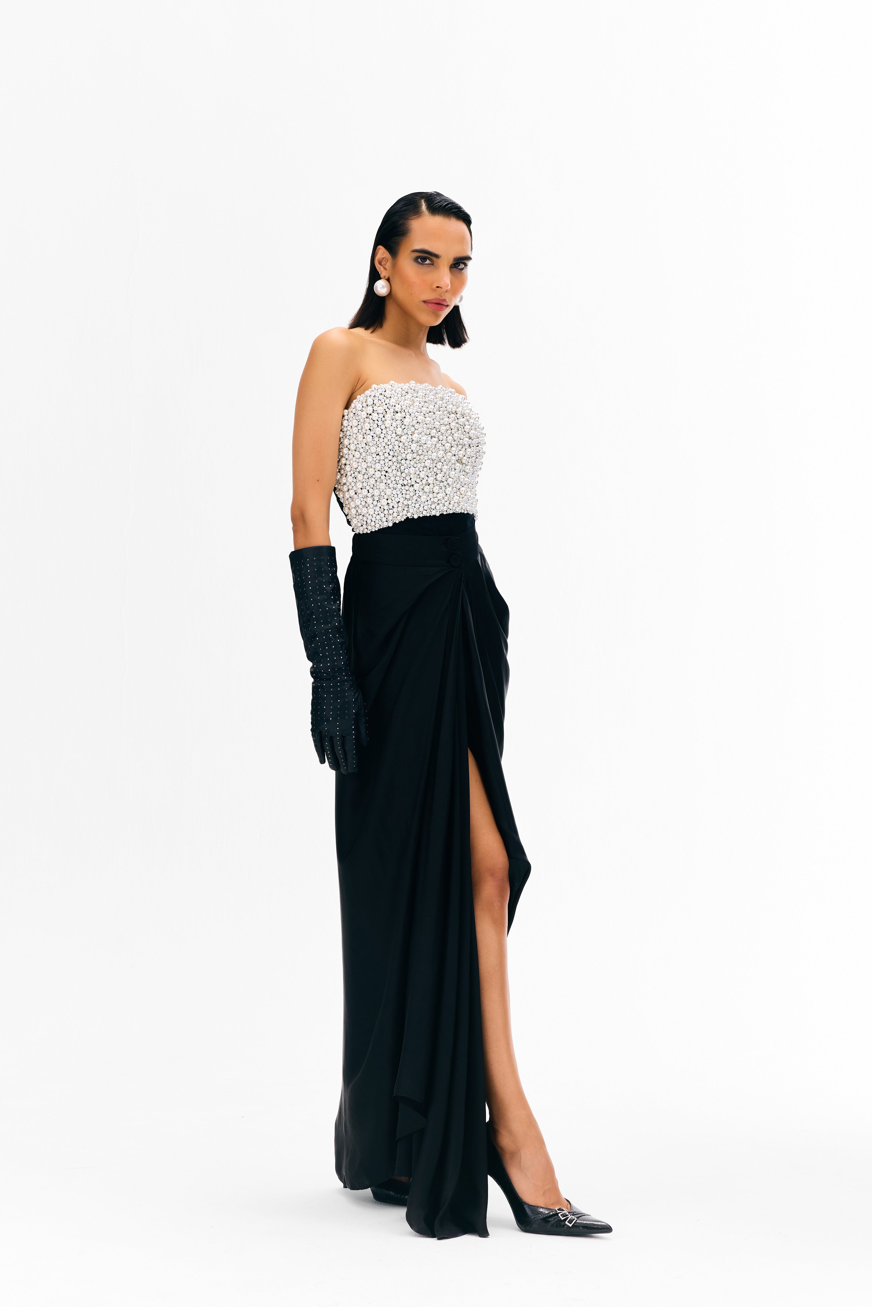 Luxury festive co-ord set featuring embellished tube top and long skirt