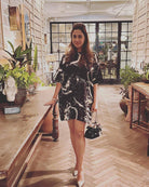 Free-size black spray print box dress in cotton satin