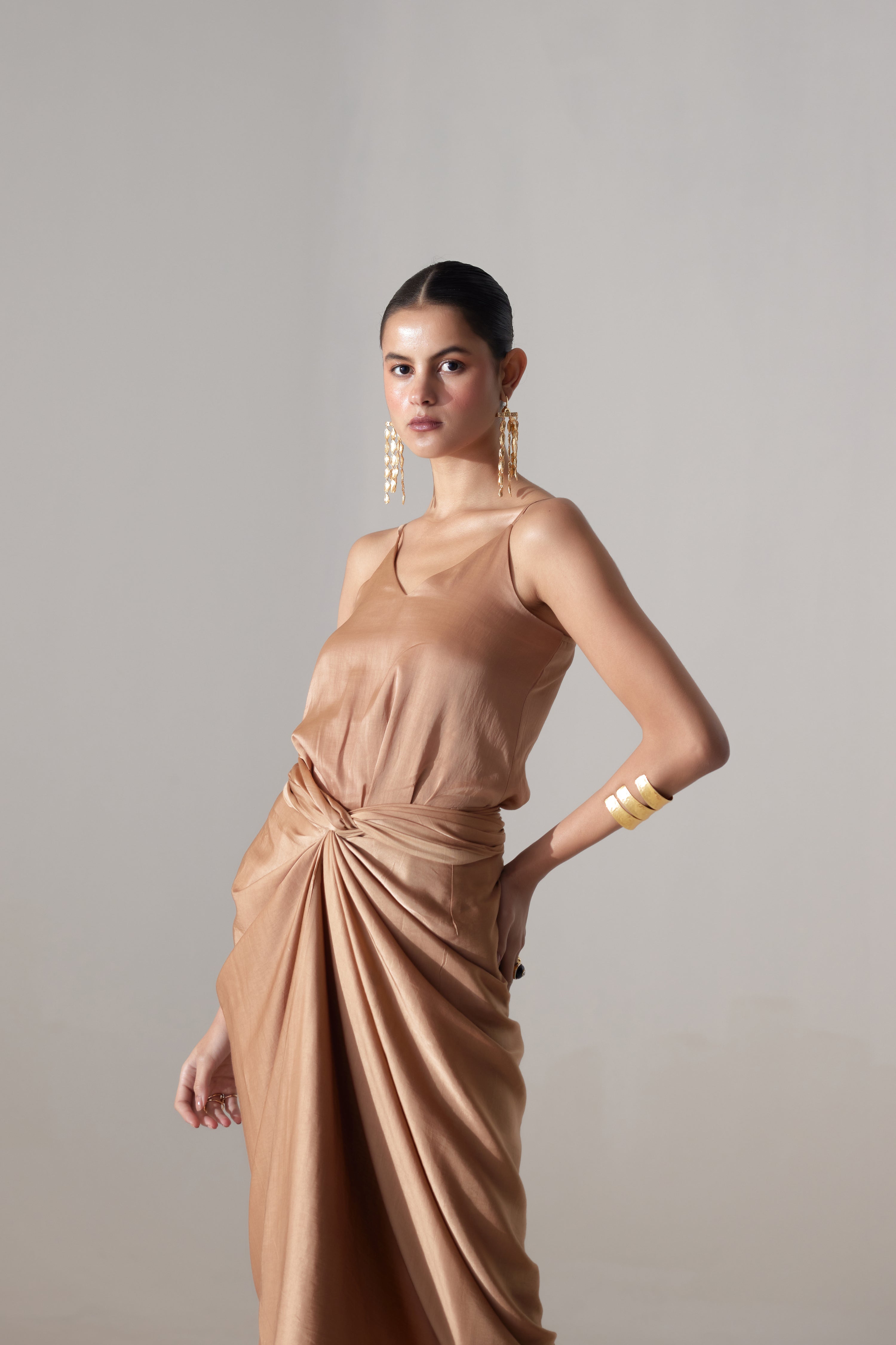 Cotton modal satin tie-up dress with multiway sarong-style bottom