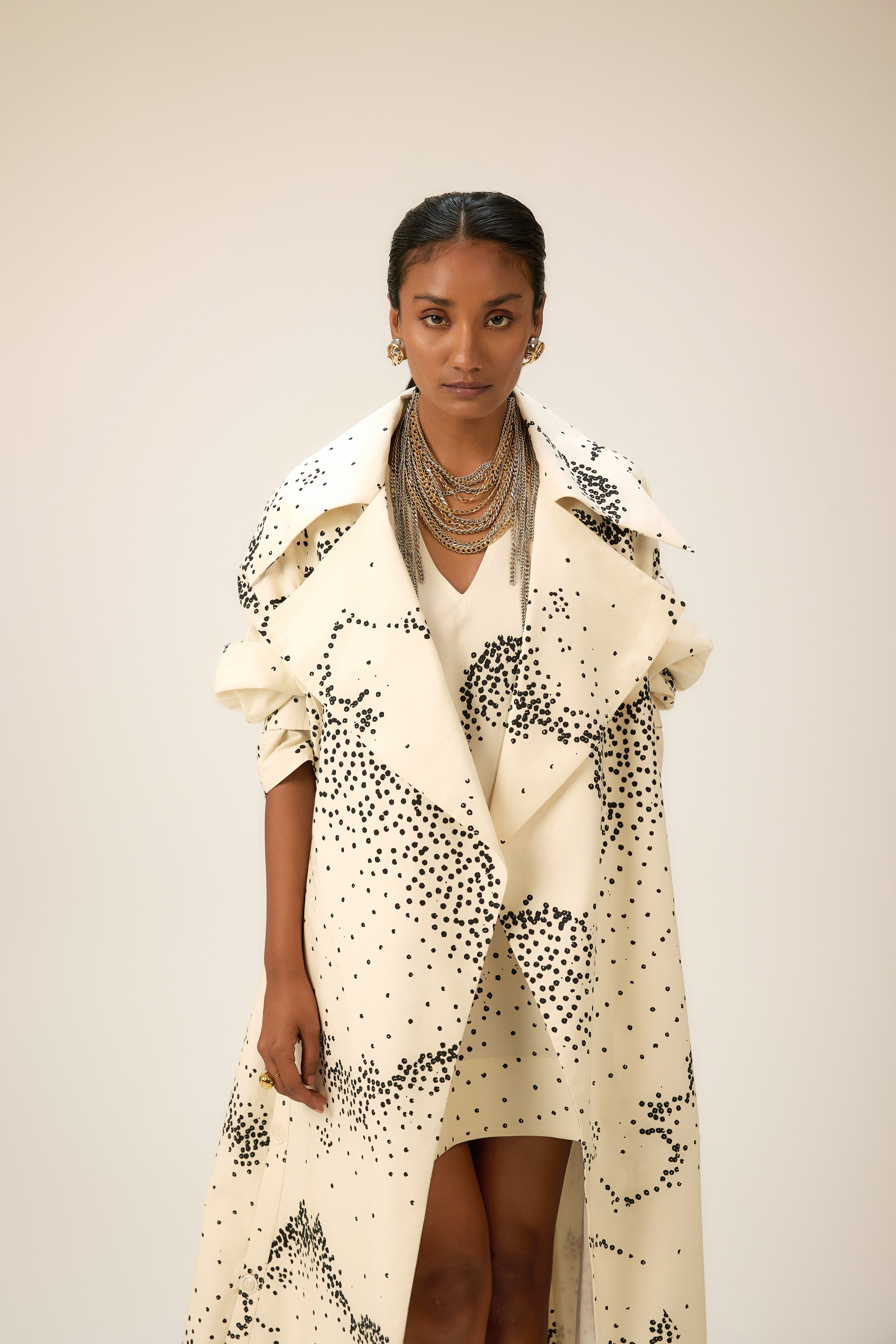Abstract print trench and dress set with relaxed drape