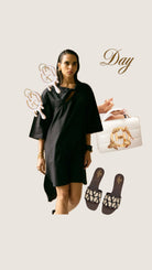 Front view of oversized dress featuring twist knot detail