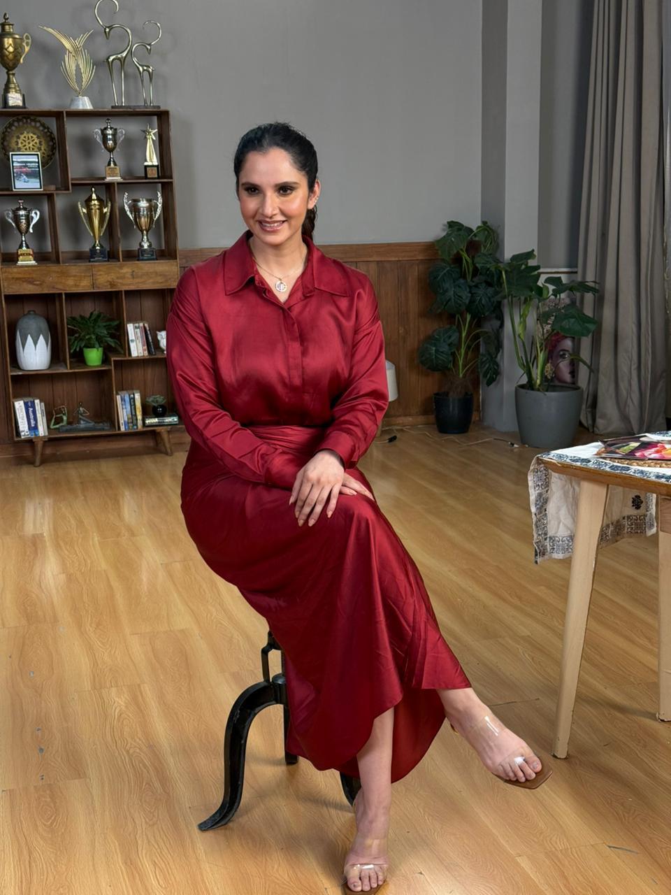 Elegant cotton modal satin shirt and sarong skirt ensemble