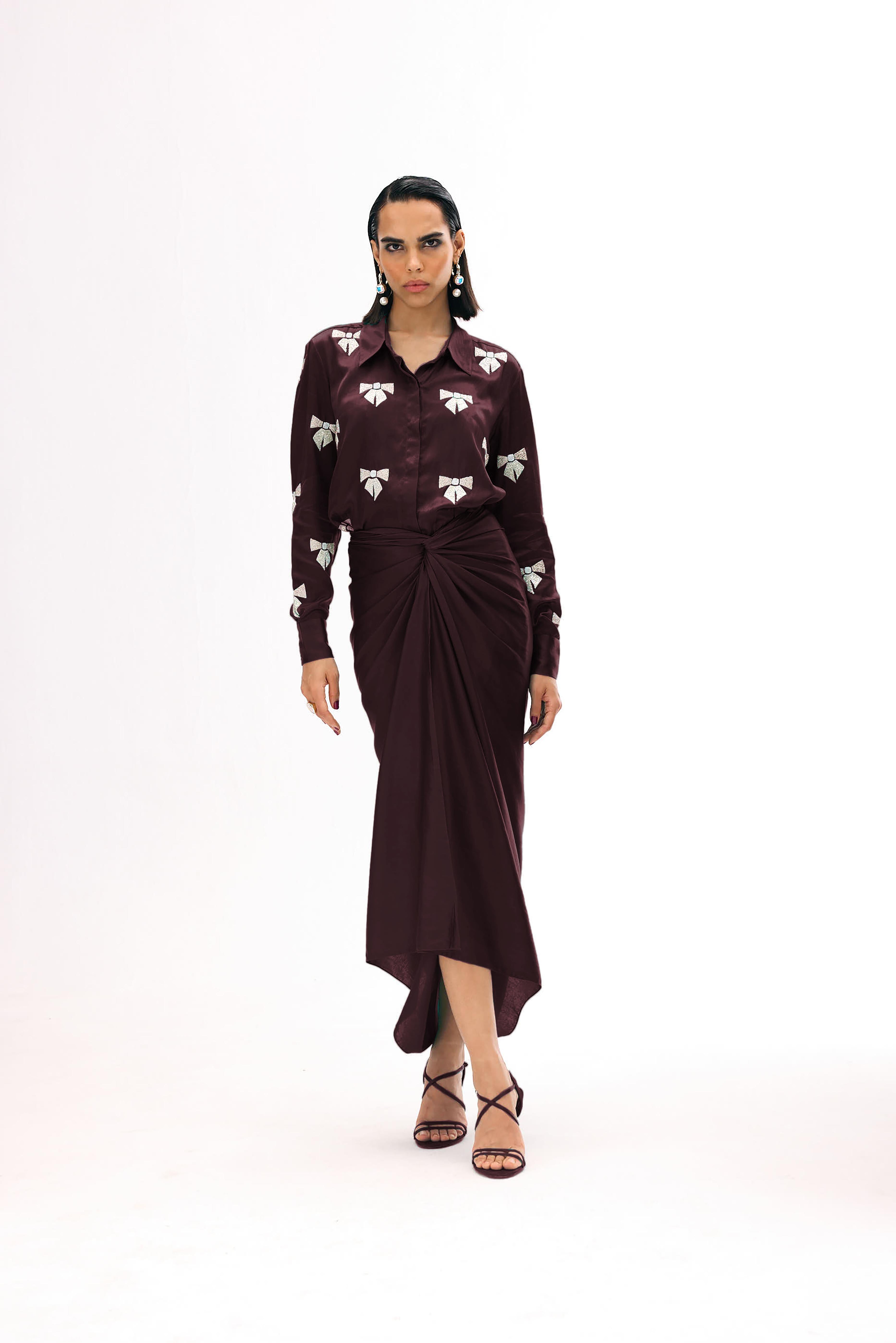 Embroidered cotton satin co-ord set with button-down shirt and wrap skirt